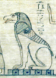 A depiction of Ammit in a late period papyrus, showing her decorated leonine body, and crocodile head.